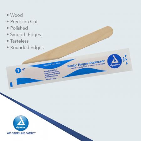 Dynarex Tongue Depressors, Wood, Unflavored, 0.75 in. Wide Blade