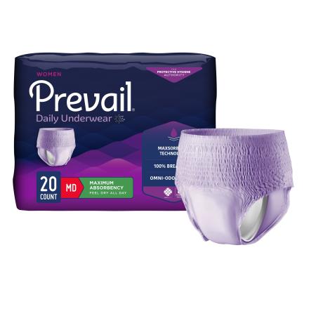 Prevail Daily Underwear, Adult, Medium, Female, Lavender, 28-40 Inch Waist/ Hip, Disposable, Heavy Absorbency, 20 Count, #PWC-512/1