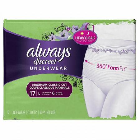 Always Discreet Underwear, Adult, Female, Pull-on with Tear Away Seams,  Disposable, Heavy Absorbency, Large, 51 Count, #03700088757