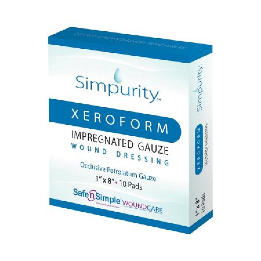 Safe N Simple Simpurity Xeroform Petrolatum Impregnated Gauze, Gauze,  Antimicrobial Petrolatum Blend, 1 Inch x 8 Inches, Rectangle, Sterile, 1  Dressing, #SNS58818